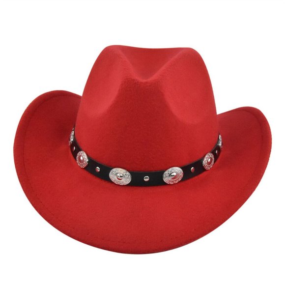 Red Western Cowboy, Cowgirl Hat, Black & Silver‎ Strap, Men Women, Wide Brim - Picture 1 of 4
